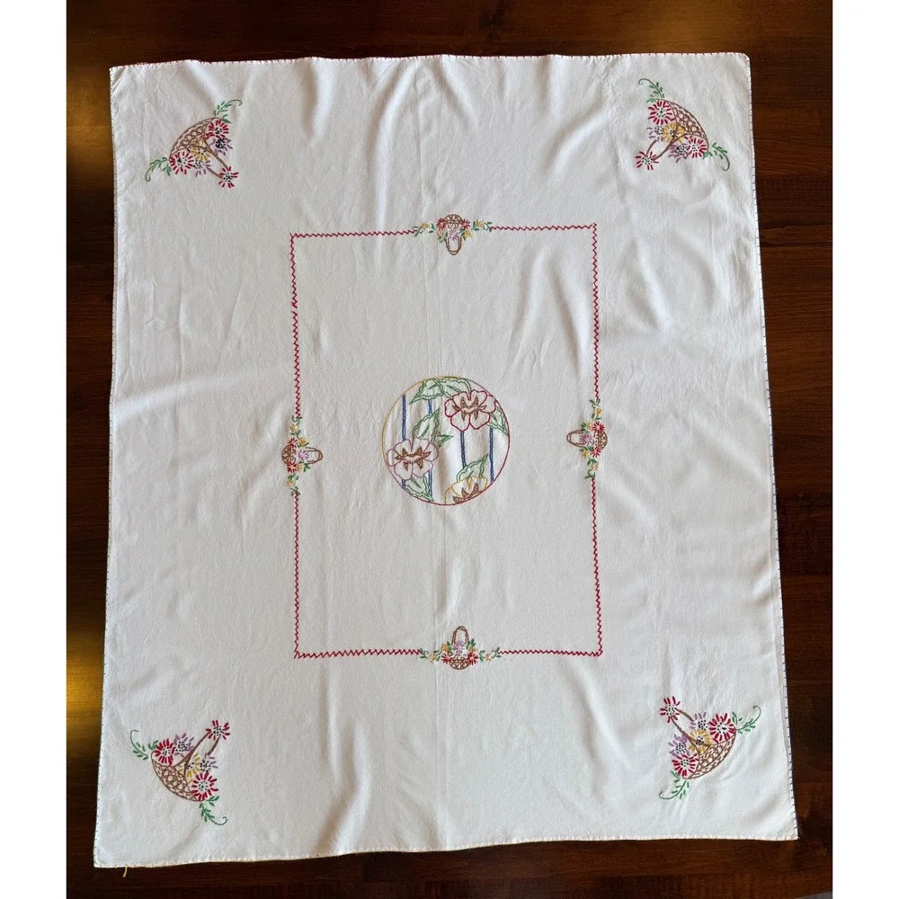 Vintage Floral Basket Tablecloth Hand Embroidered White Cotton Rectangular 42x32